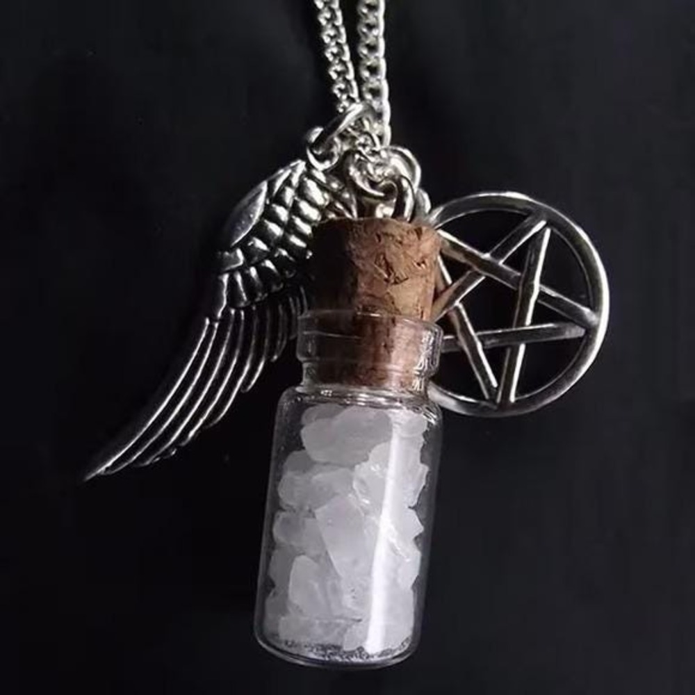 Supernatural Protection Necklace Silver Pentagram Angel Wing Vial Goth Charm NEW
